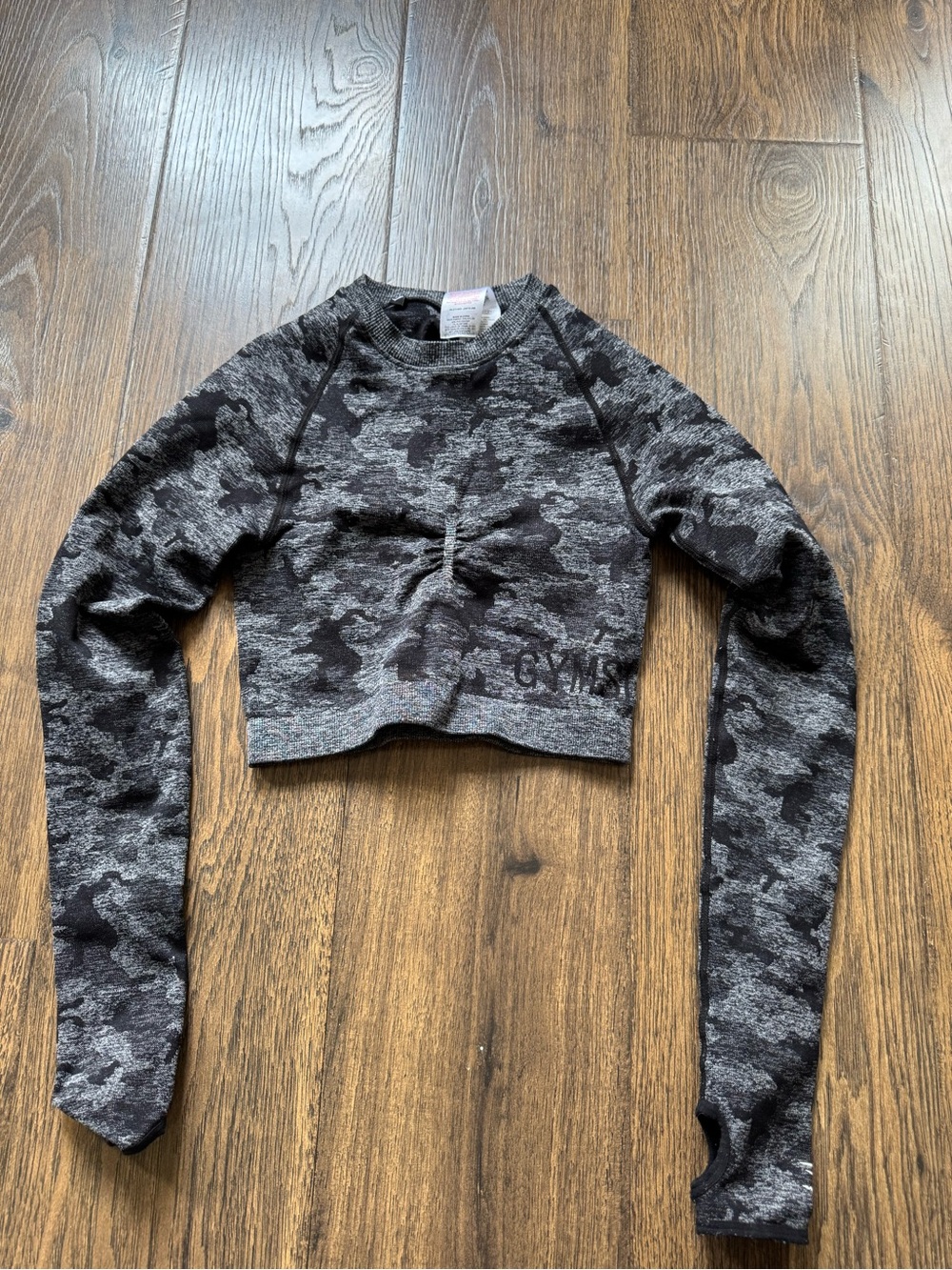 Gymshark Black‎ & Gray Cropped Camo Long Sleeve Top